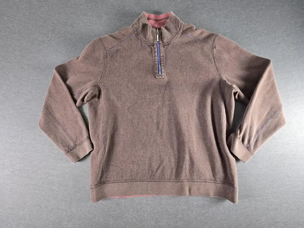 Tommy Bahama Sweater Mens Large Brown 1/4 Zip Mock Neck Knit Pullover Logo